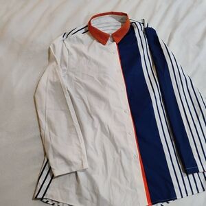 Chic White and Blue Striped Button Down Shirt with Orange Collar